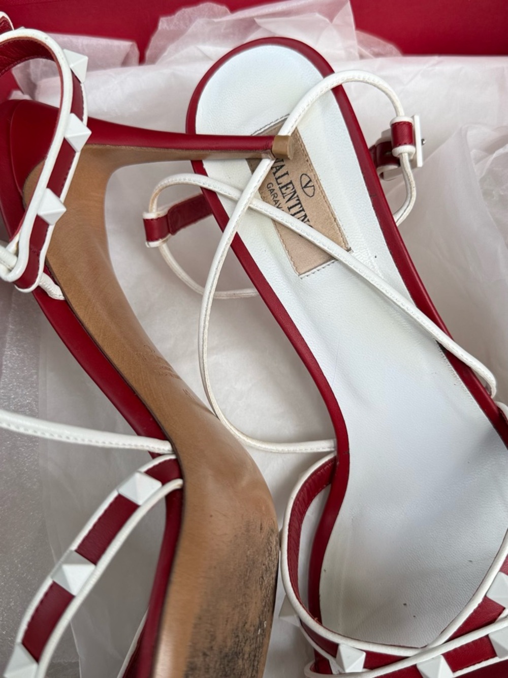 Valentino Garavani Red and White  Rockstud Slingback Sandals - Picture 4 of 8